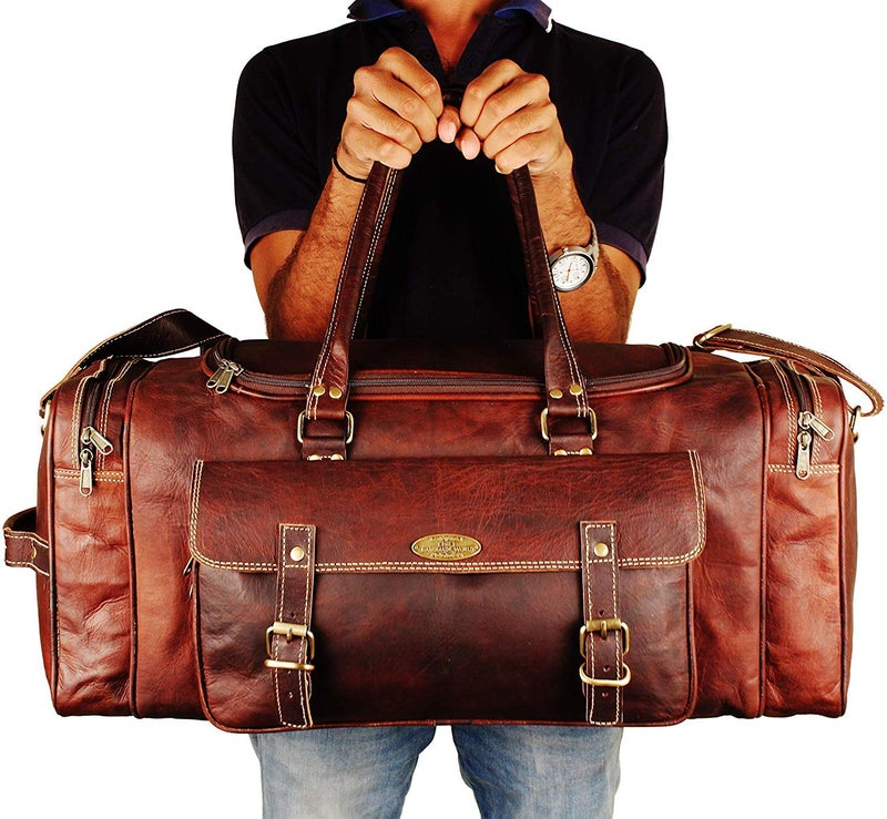HULSH Menâ€™s Gym Sports Overnight Weekender Bag Leather Travel Bags For Men Vintage Leather Duffle Bag Women Carry On Travel Holdall Bag 24 Inches (24 Inch) - Image 5